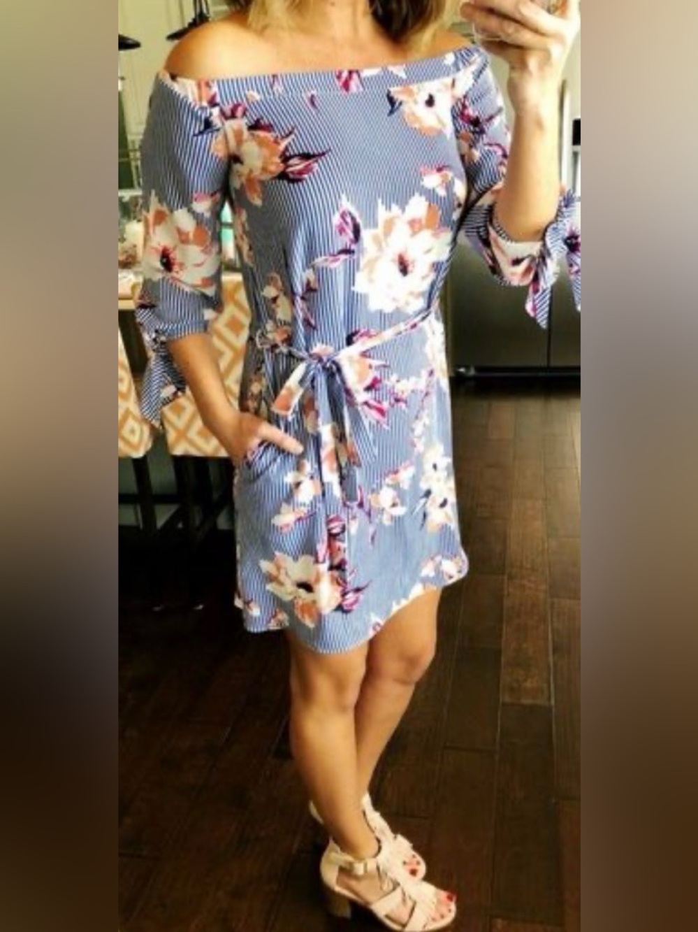 Charles Henry Blue Striped Floral Off Shoulder‎ Dress with Blooms -  Size Medium